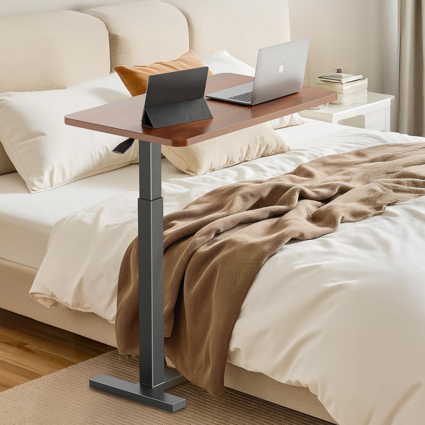 Overbed Bedside Table with Hidden Casters, Adjustable Hospital & Home Use Bed Table, Rolling Laptop Table, Movable Standing Desk