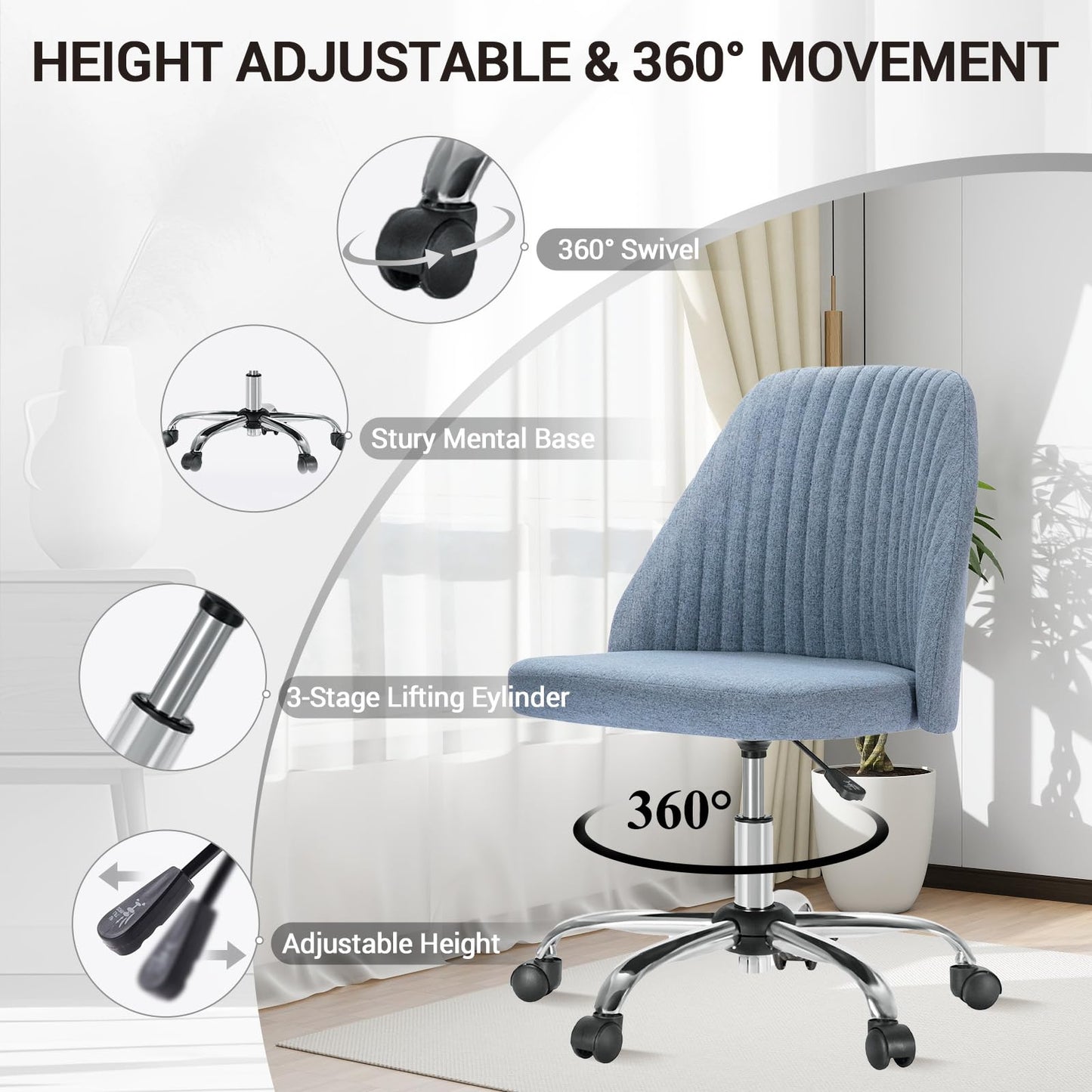 YSSOA Office Desk Chair with Back and Wheels Computer Fabric Chair Armless Adjustable Height Comfy Vanity Chair with Swivel Rolling Home Chairs for Bedroom Adult Blue