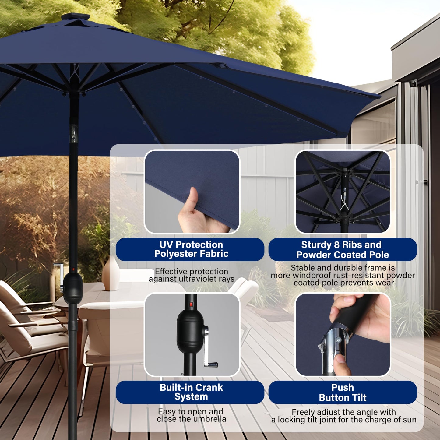 HealSmart 7.5ft Patio Umbrella with Push Button Tilt/Crank, Outdoor Table Market Yard Umbrella, 6 Sturdy Ribs for Garden, Deck, Backyard, Pool