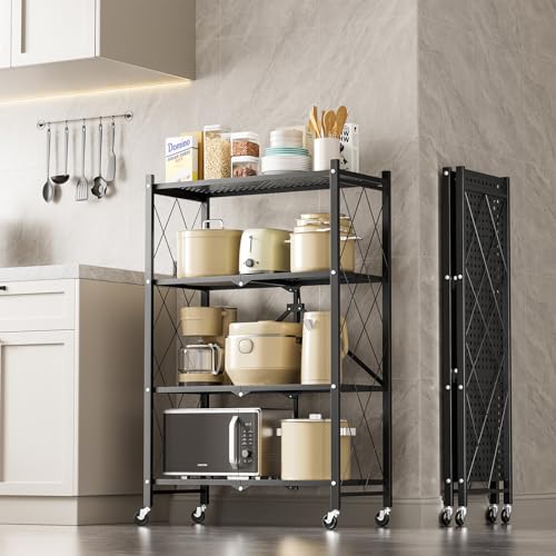 3-Tier Heavy Duty Foldable Metal Rack Storage Shelving Unit with Wheels Moving Easily Organizer Shelves Great for Garage Kitchen Holds up to 750 lbs Capacity, Black