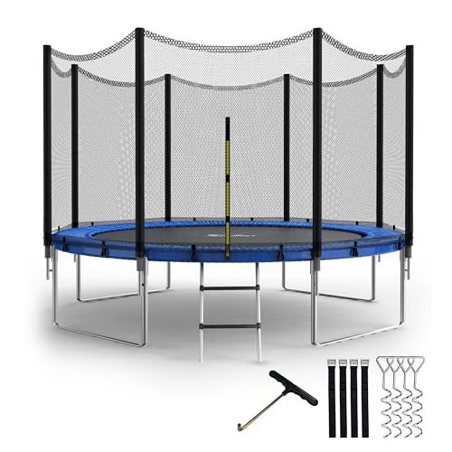 Simple Deluxe Trampoline for Kids with Safety Enclosure Net Wind Stakes 400LBS Weight Capacity 12FT Recreational Trampolines with Ladder Blue Outside Net