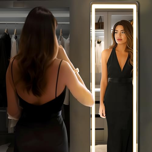 Simple Deluxe Floor Mirror with Dimming & 3 Color Lighting, Free Standing Floor Mirror, Lighted Full Body Mirror for Bedroom, Dressing Room, Cloakroom