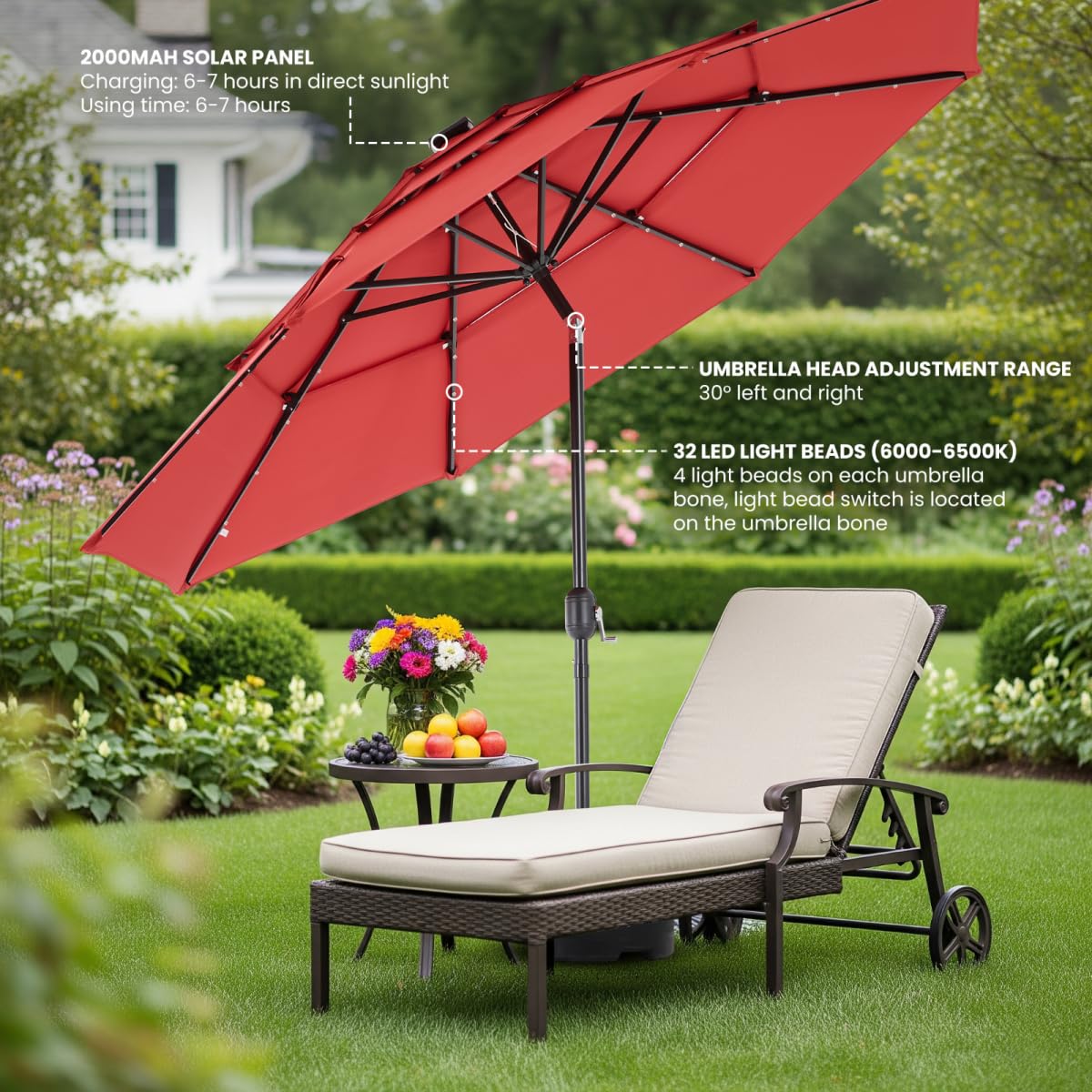 Simple Deluxe 10' 3-Tiers Solar Patio Umbrella 32 LED Lighted Table Market Umbrellas with Push Button Tilt/Crank Outdoor Umbrella for Garden, Deck, Backyard and Pool