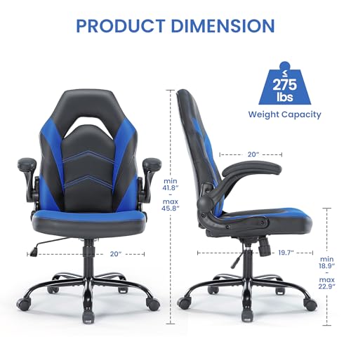 Simple Deluxe Gaming Chair - Ergonomic PU Leather with 90° Flip-Up Arms, 360° Swivel Computer Desk Chair for Compact Spaces, Esports, Home Office(Black Blue)