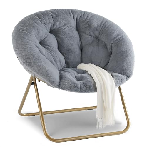 Saucer Chair Comfy Faux Fur, Folding Moon Chair with Metal Frame, Cozy Round Chair, Lounge Lazy Chair for Living Room Bedroom Adults Kids Teens
