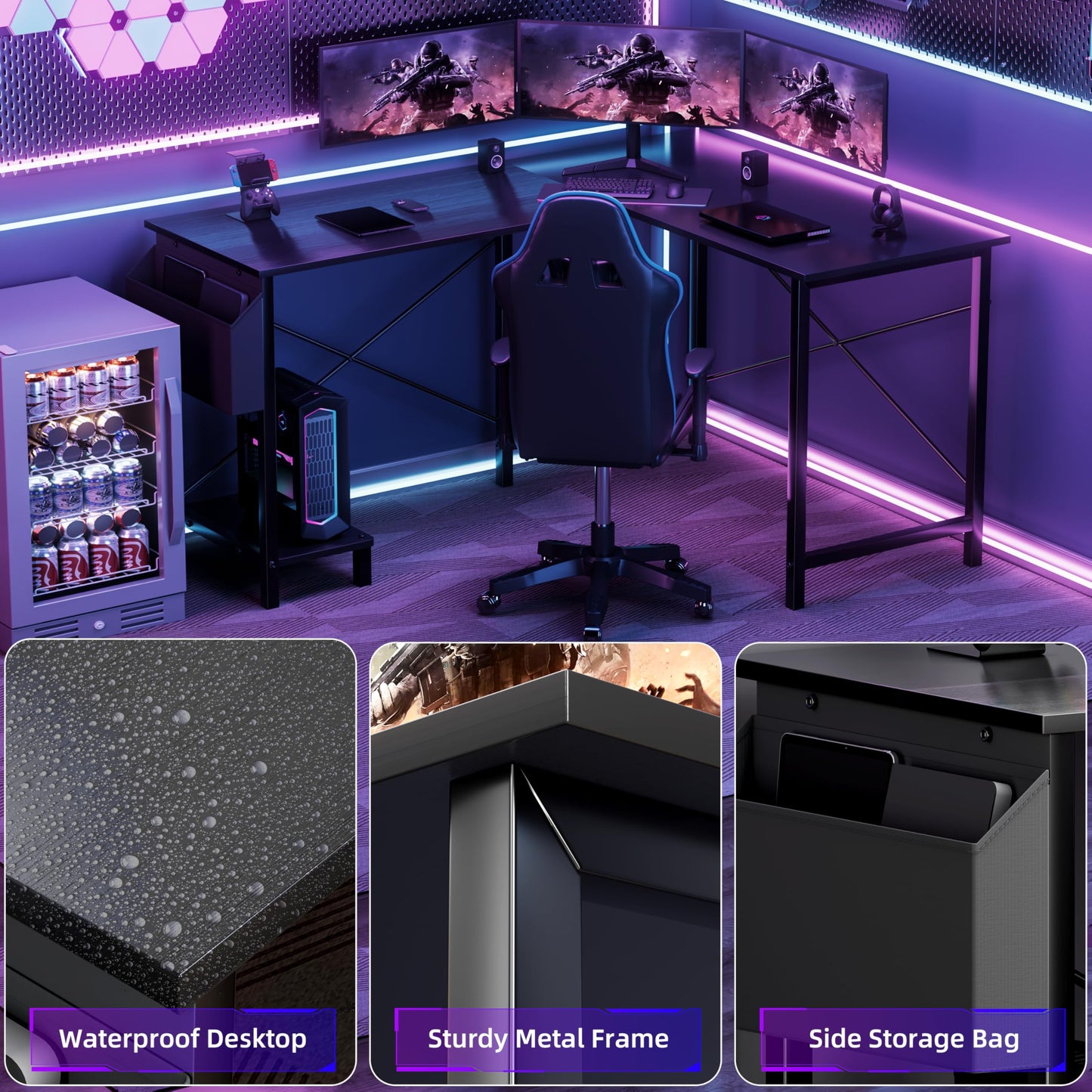YSSOA 50" L Shaped Gaming Desk with Reversible Corner - Home Office Computer Desk with Wood Top, Metal Frame, CPU Stand & Storage Bag for Small Space, Gaming Room