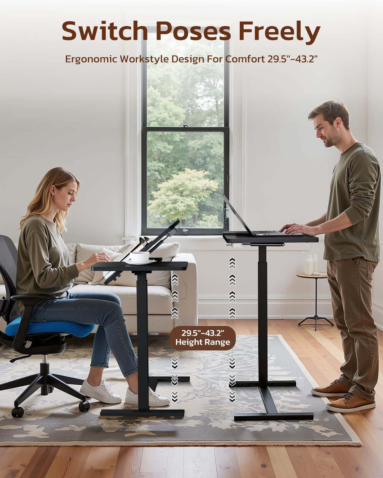 Simple Deluxe Adjustable Overbed Bedside Table with Wheels, Rolling Laptop Table, Pneumatic Adjustable Hospital & Home Use Bed Table, Mobile Standing Desk, Brown