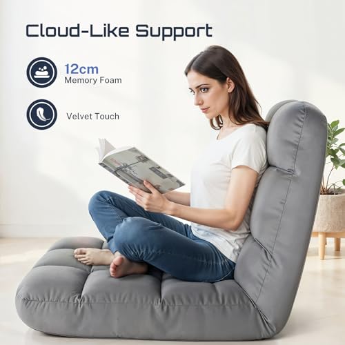 YSSOA Floor Chair Folding with Back Support Convertible Comfy Chair Memory Foam Padded Sleeper Recliner Sofa Chair Gaming Chair Floor for Bedroom Working Meditation Reading Adults Kids Grey