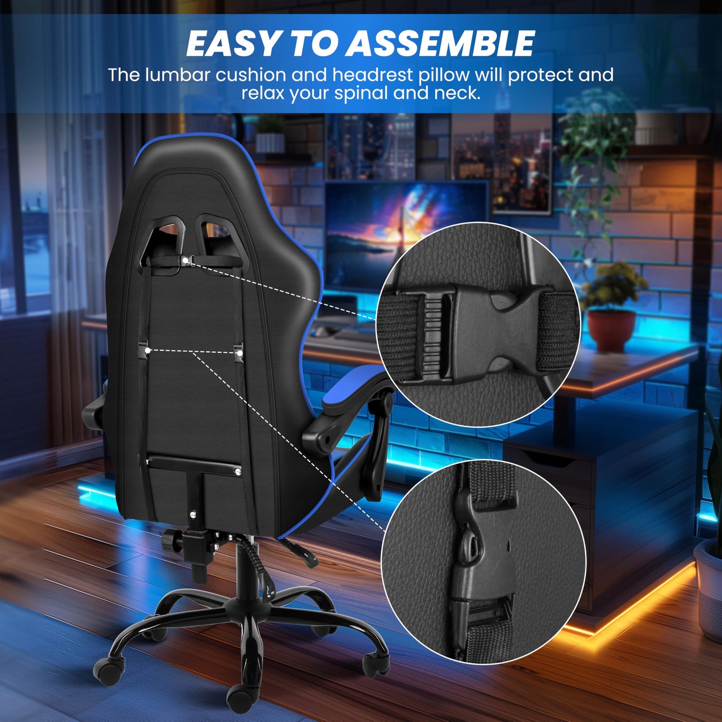 Simple Deluxe Gaming Chair, High Back Office Computer Desk Chair with Adjustable Lumbar Support, Recliner Swivel Video Game Chair with Footrest, Height Adjustable Seat and Backrest