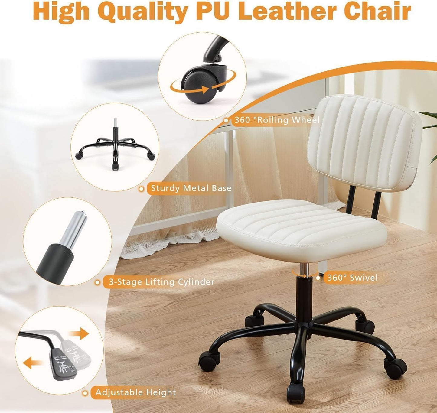 YSSOA Small Desk Chair with Wheels, Armless Office Chair No Arms, Comfy PU Leather Computer Task Chair Swivel Rolling Chairs for Small Space, Home, Adults, Students, Black