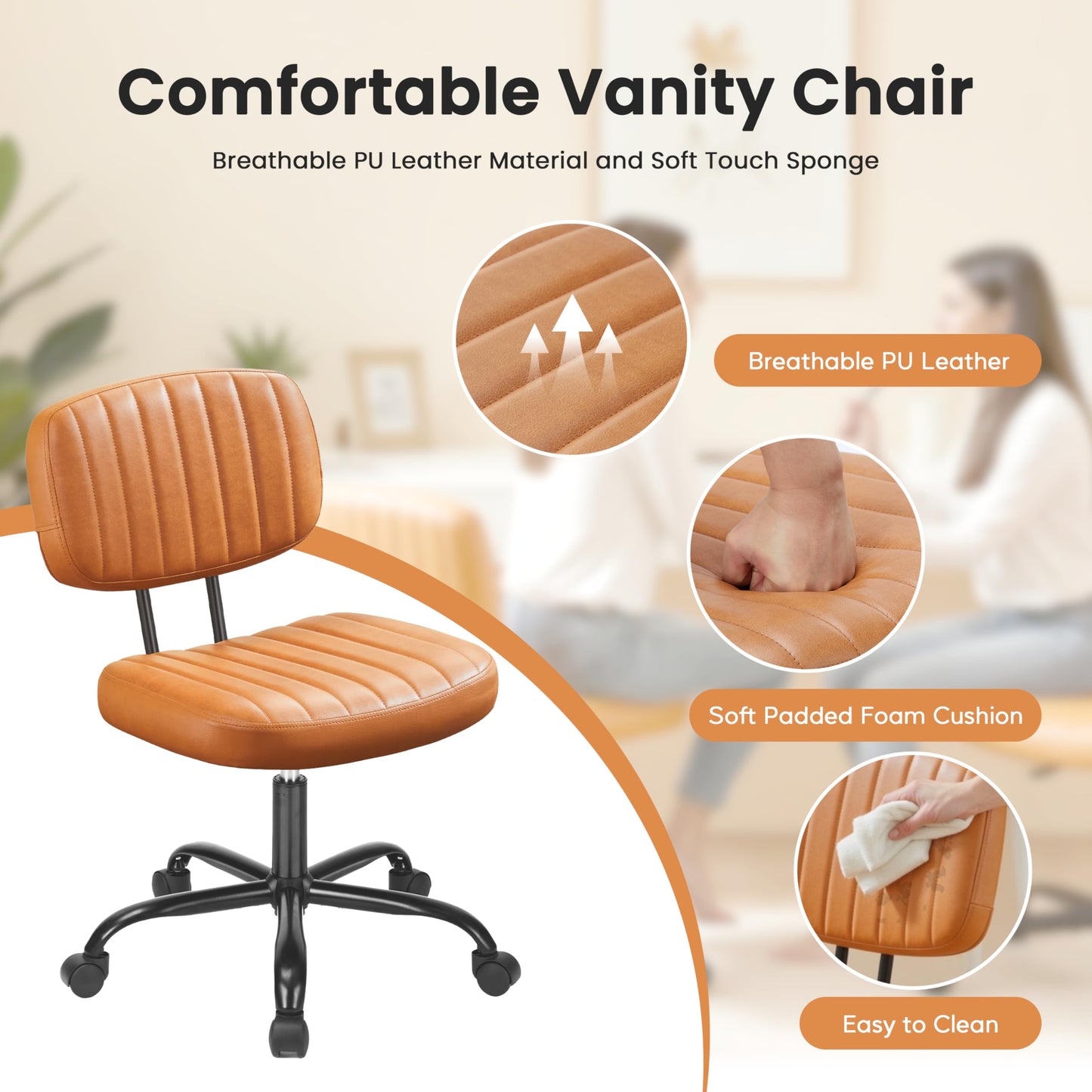 YSSOA Small Desk Chair with Wheels, Armless Office Chair No Arms, Comfy PU Leather Computer Task Chair Swivel Rolling Chairs for Small Space, Home, Adults, Students, Black
