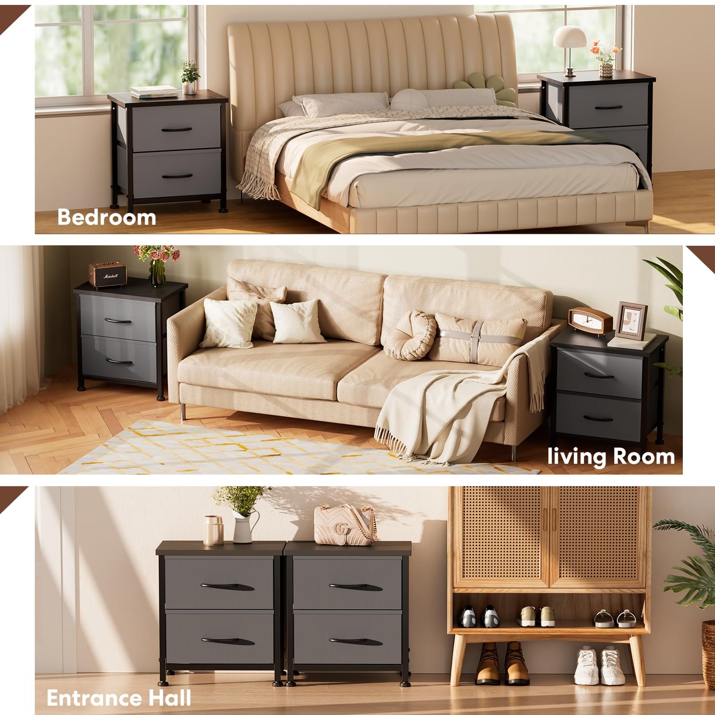 Simple Deluxe Nightstand 2 Drawers Dresser for Bedroom, Night Stand Set 2, 3-Tier Bedside Table with Fabric Bins, End Table for Living Room, Wood top Load-Bearing up to 44 lb