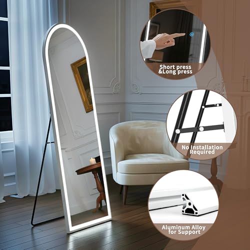 Simple Deluxe Floor Mirror with Dimming & 3 Color Lighting, Free Standing Floor Mirror, Lighted Full Body Mirror for Bedroom, Dressing Room, Cloakroom