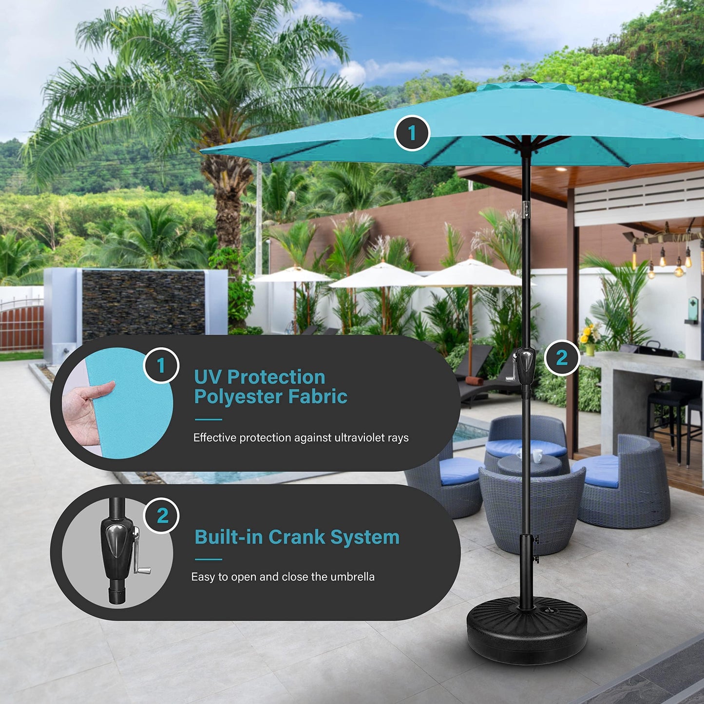 Simple Deluxe Patio Umbrella Outdoor, UV Protection Sunshade with Push Button Tilt/Crank and 8 Sturdy Ribs, for Table Garden Lawn Beach Pool