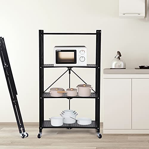 YSSOA 4-Tier Heavy Duty Foldable Metal Rack Storage Shelving Unit with Wheels Moving Easily Organizer Shelves Great for Garage Kitchen, Black