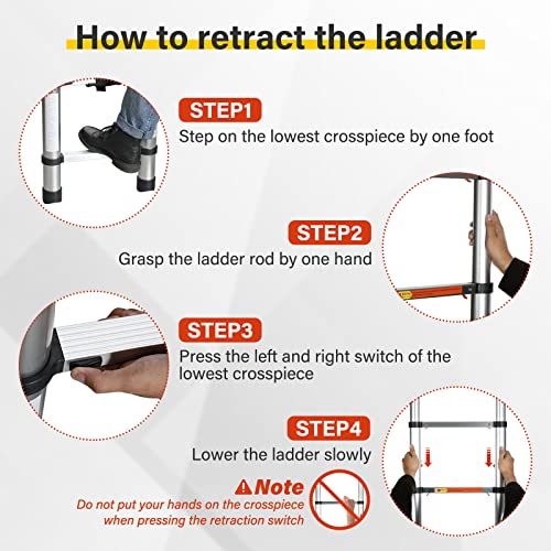 Simple Deluxe Telescoping Ladder 12.5FT Aluminum One-Button Retraction Extension System for Indoor and Outdoor Use, 330lb Load Capacity