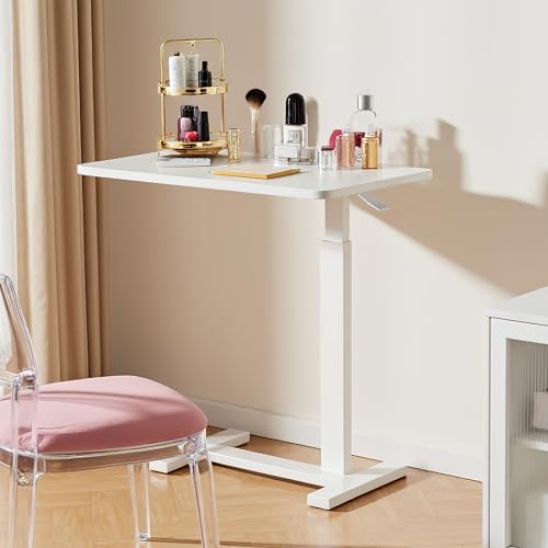 Simple Deluxe Adjustable Overbed Bedside Table with Wheels, Rolling Laptop Table, Pneumatic Adjustable Hospital & Home Use Bed Table, Mobile Standing Desk, Brown