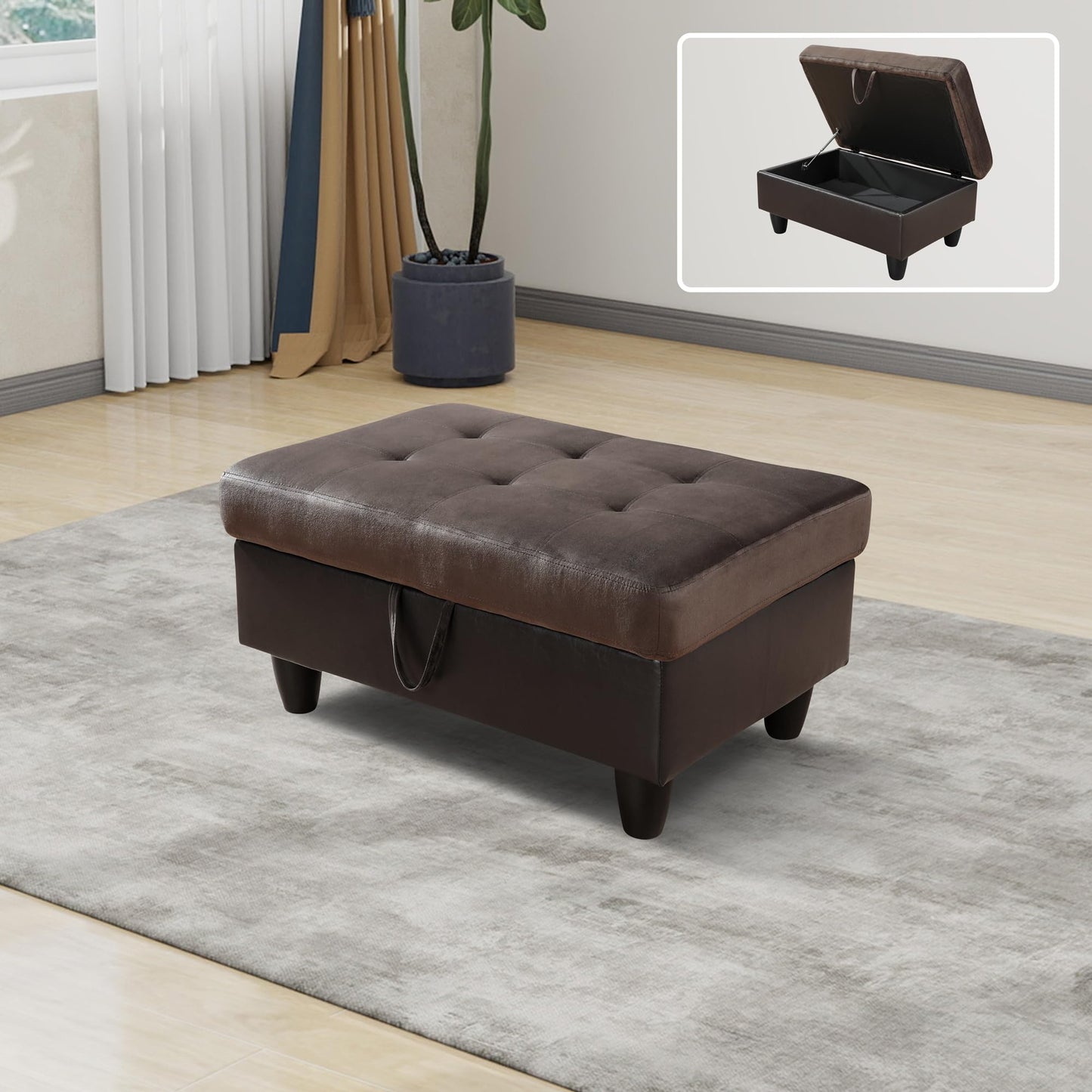 Simple Deluxe Taupe Flannel and PVC Storage Ottoman 35x23.5x17.5 - Room Decor, Organization and Storage Solution, Ottoman for Living Room, Bedroom