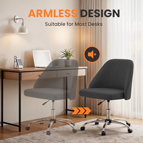 YSSOA Vanity Chair with Wheels Office Chair Desk Chair with Back and Wheels Fabric Adjustable Height Armless with Swivel Rolling Dark Grey