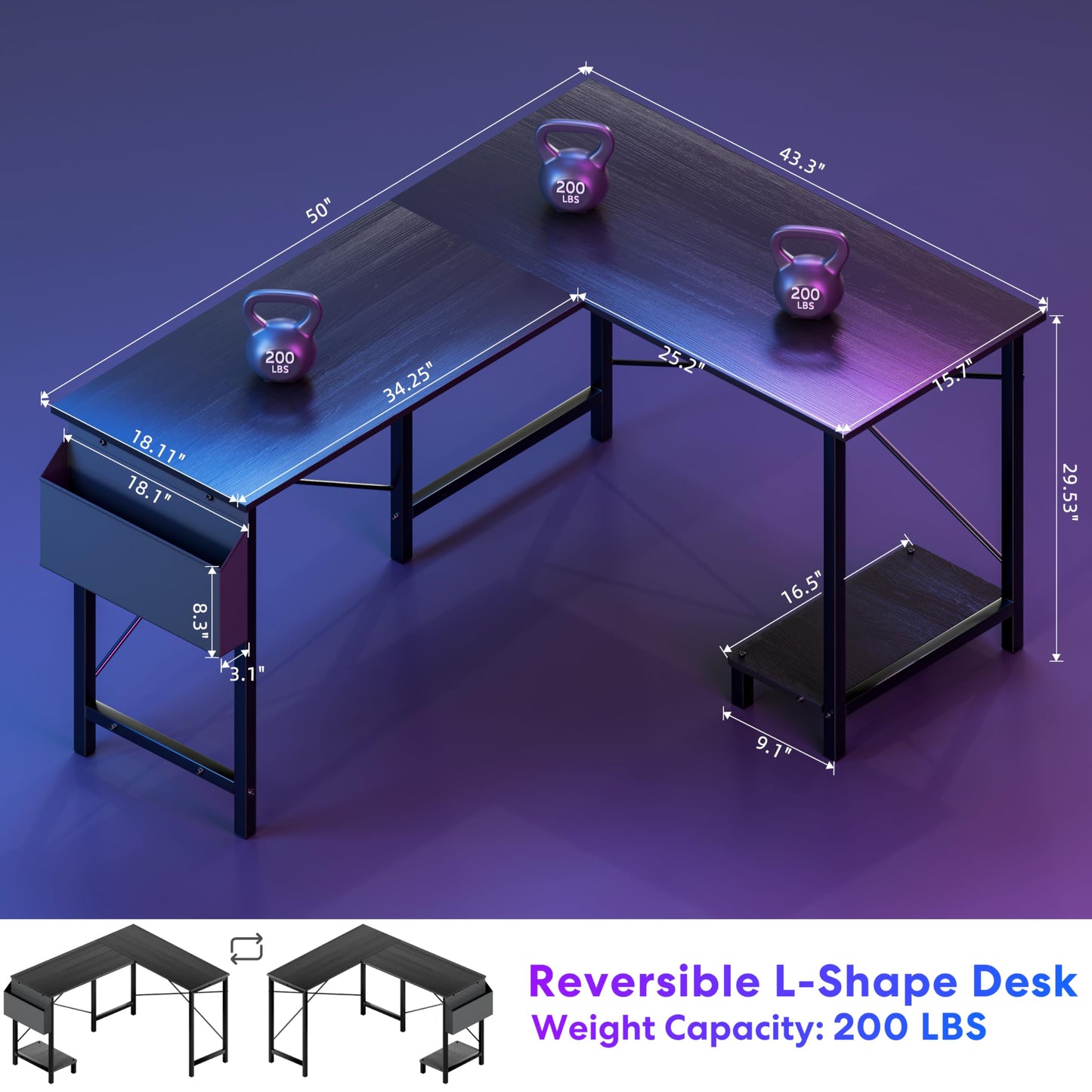 YSSOA 50" L Shaped Gaming Desk with Reversible Corner - Home Office Computer Desk with Wood Top, Metal Frame, CPU Stand & Storage Bag for Small Space, Gaming Room