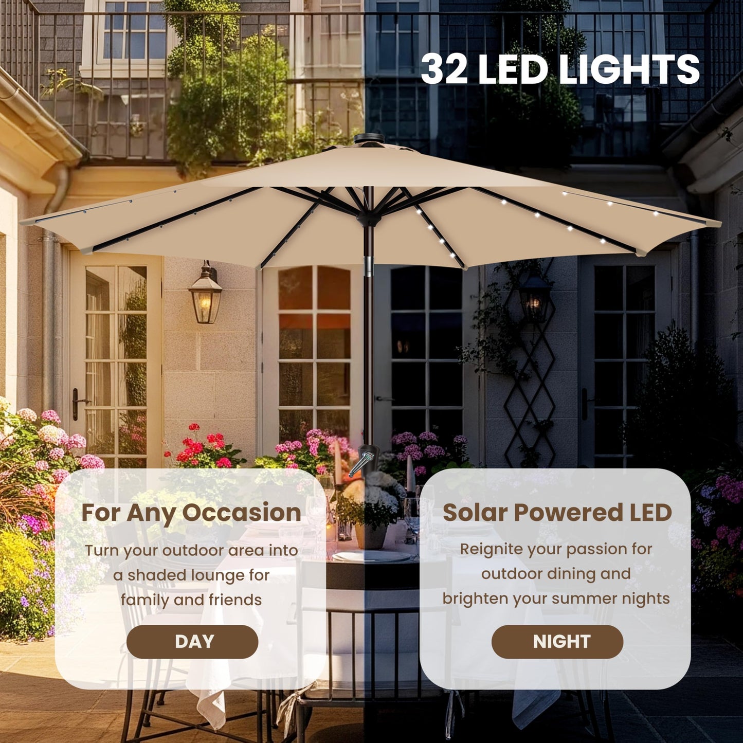 Simple Deluxe 9' Solar Patio Umbrella 32 LED Lighted Table Market Umbrellas with Push Button Tilt/Crank Outdoor Umbrella for Garden, Deck, Backyard and Pool