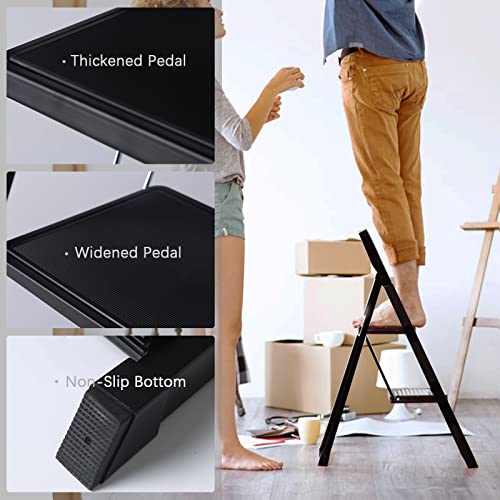 YSSOA 2 Step Ladder, Folding Step Stool with Wide Anti-Slip Pedal, 550 lbs Sturdy Steel Ladder, Convenient Handgrip, Lightweight, Portable Steel Step Stool, Black