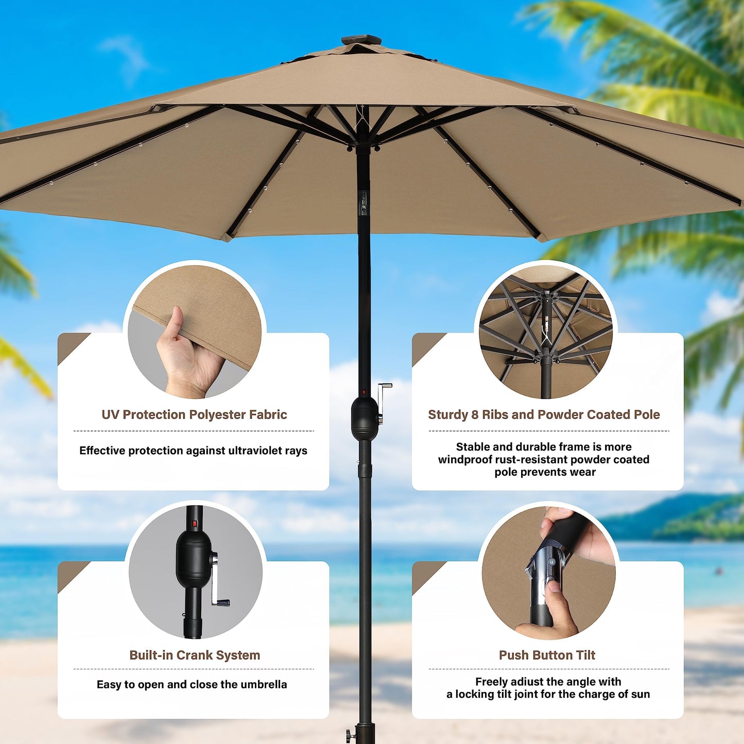 YSSOA 9ft/10ft Outdoor Market Patio Umbrella with 8 Sturdy Ribs, Tilt/Crank Push Button for Garden, Deck, Backyard and Pool