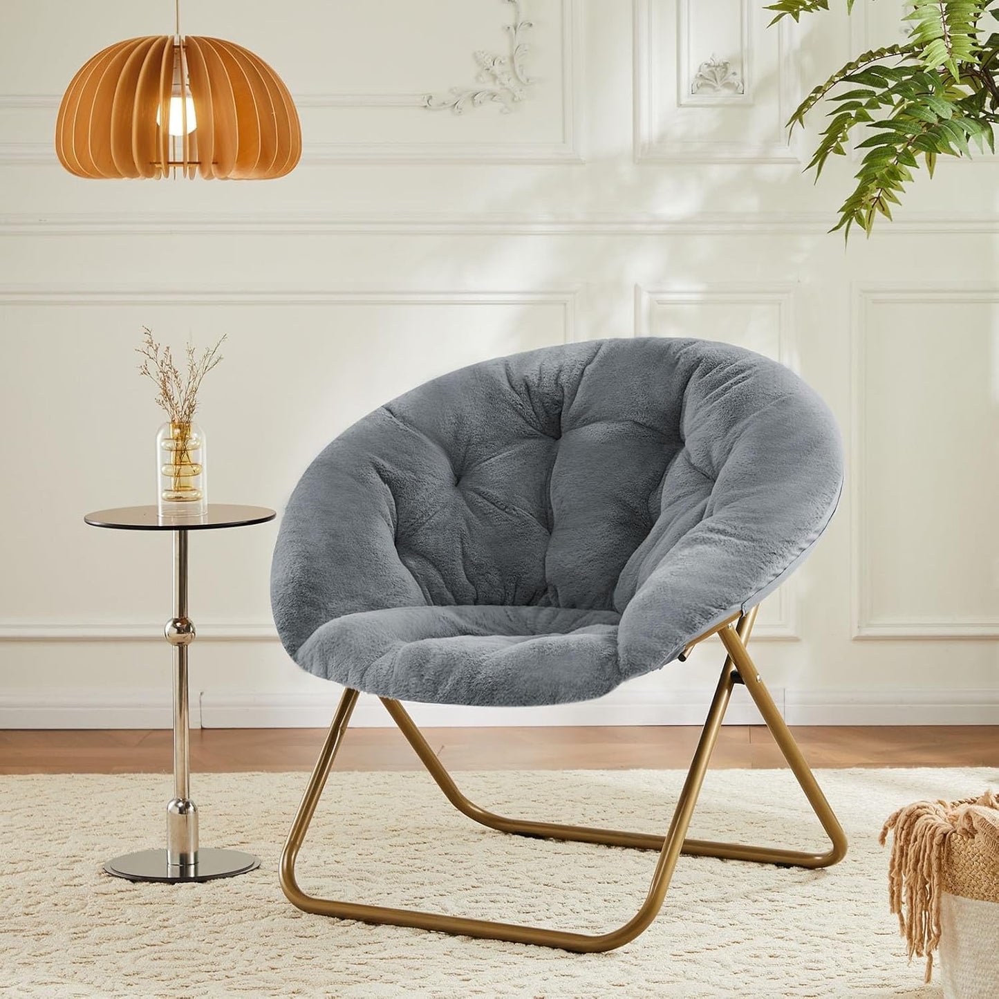 YSSOA Faux Fur Saucer Chair Comfy Lounge Chair for Bedroom Living Room, Folding Chair Upholstered Dorm Chair Papasan Chair Cozy Flexible Reading Chair for Adults Teens Kids