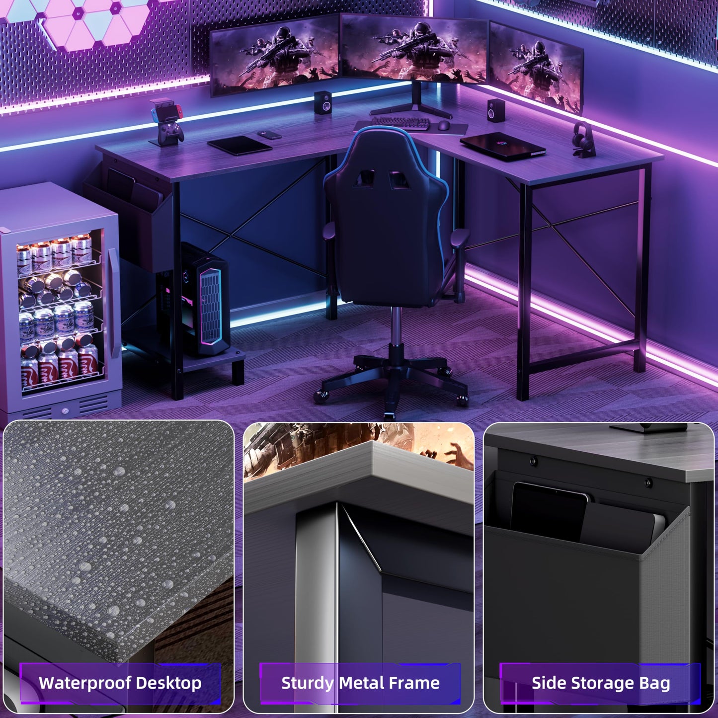 YSSOA 50" L Shaped Gaming Desk with Reversible Corner - Home Office Computer Desk with Wood Top, Metal Frame, CPU Stand & Storage Bag for Small Space, Gaming Room
