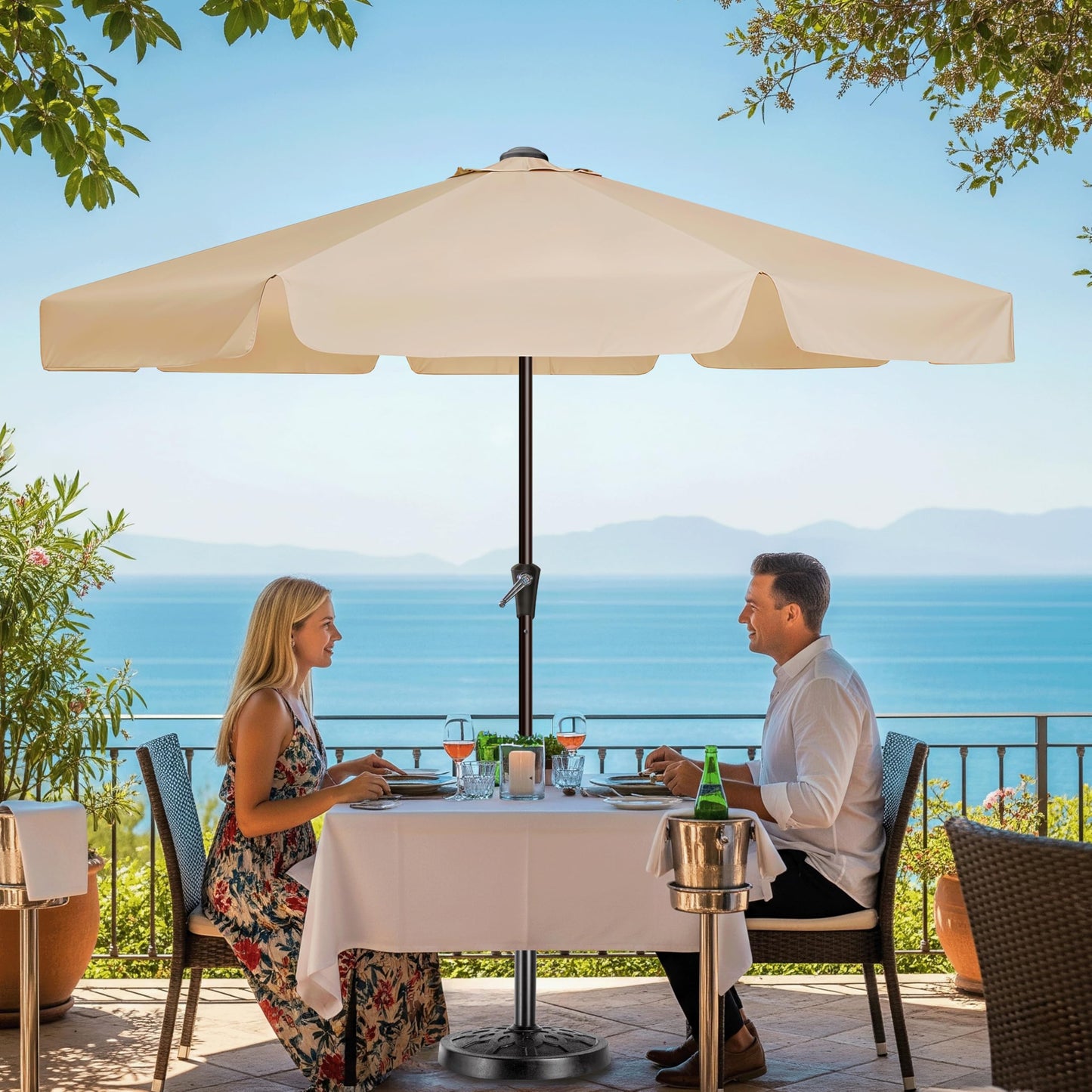 Simple Deluxe 9' Patio Umbrella with Wind-Floating Valances, Push Button Tilt & Crank Lift, UV Protection Sunshade for Table, Garden, Pool, Beach