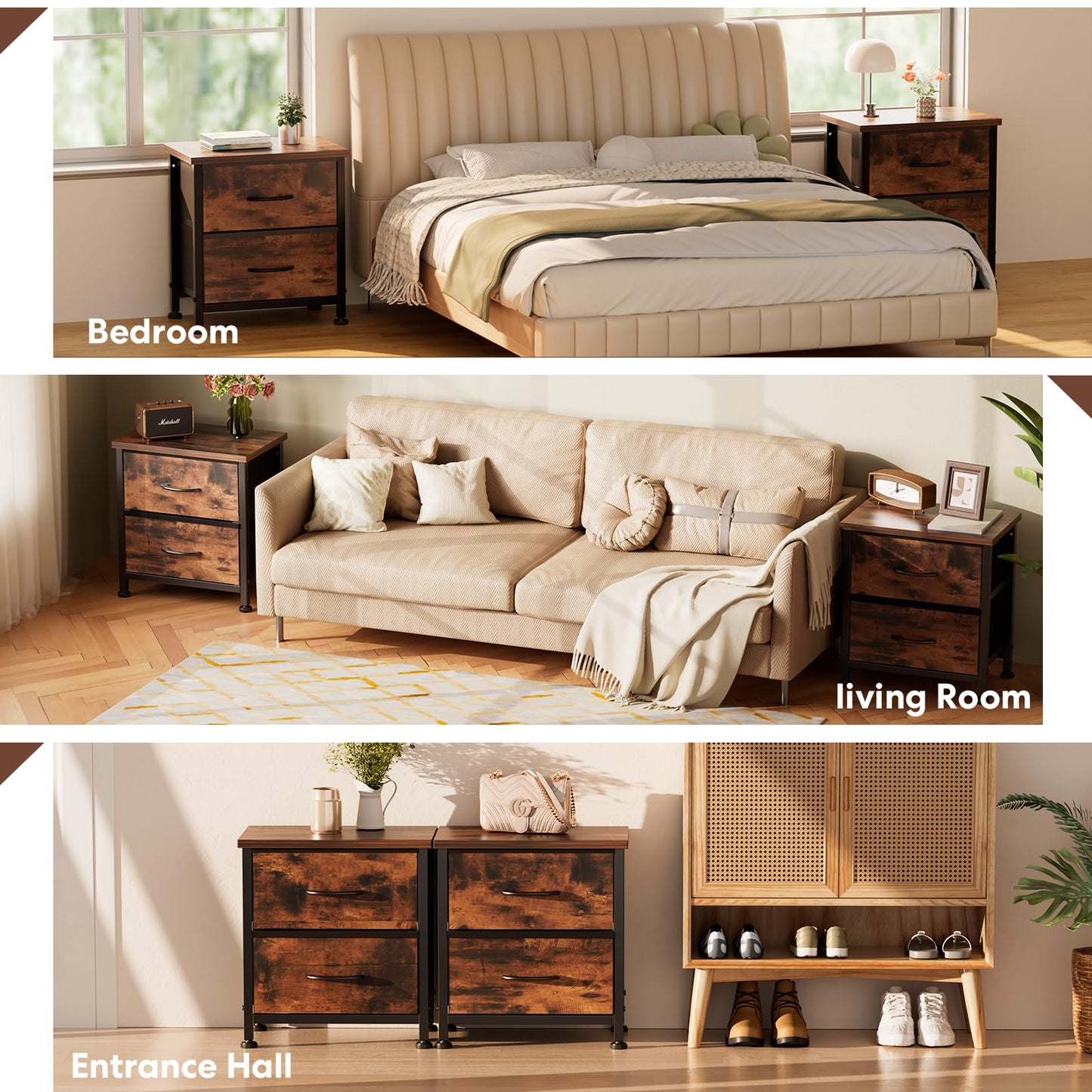 Simple Deluxe Nightstand 2 Drawers Dresser for Bedroom, Night Stand Set 2, 3-Tier Bedside Table with Fabric Bins, End Table for Living Room, Wood top Load-Bearing up to 44 lb