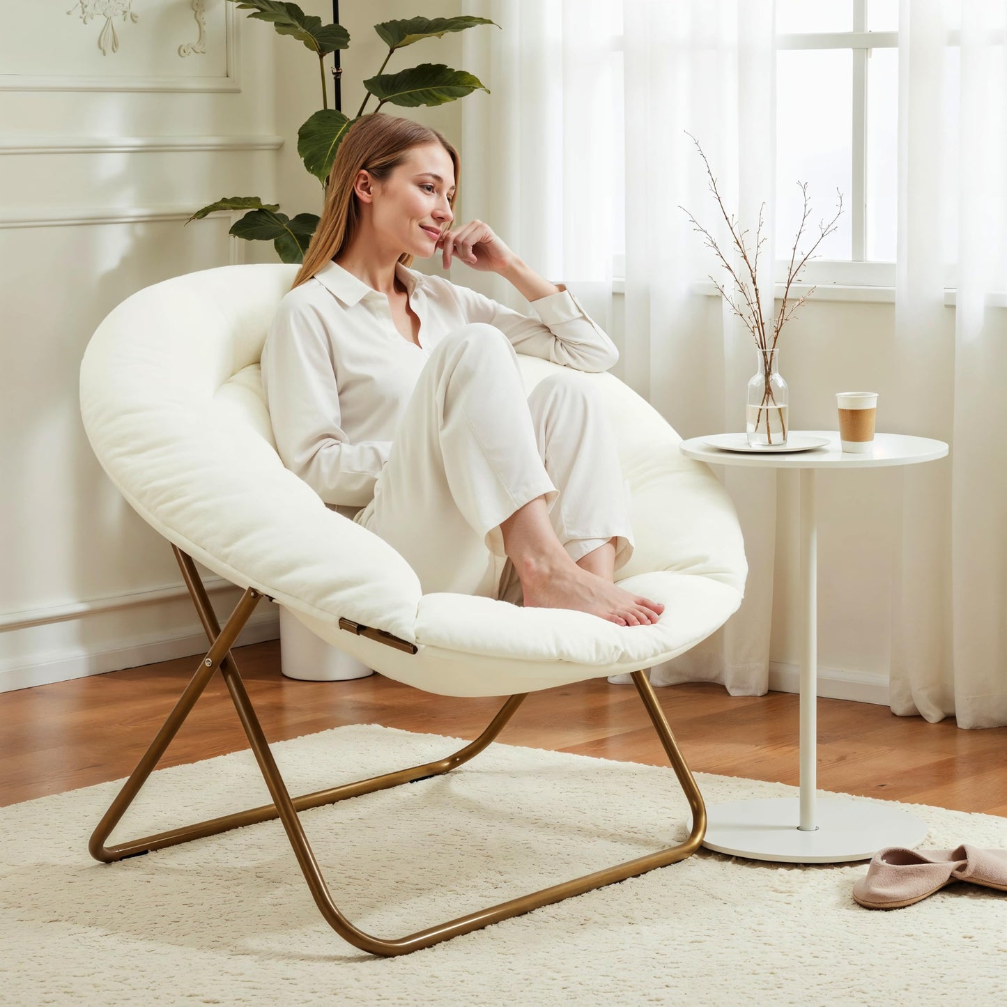 Saucer Chair Comfy Faux Fur, Folding Moon Chair with Metal Frame, Cozy Round Chair, Lounge Lazy Chair for Living Room Bedroom Adults Kids Teens