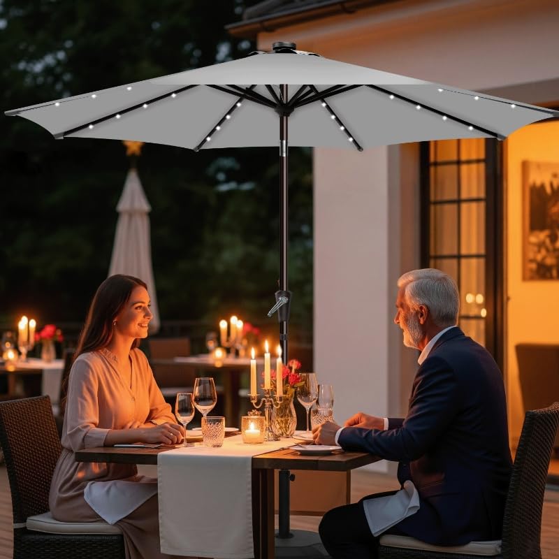 Simple Deluxe 9' Solar Patio Umbrella 32 LED Lighted Table Market Umbrellas with Push Button Tilt/Crank Outdoor Umbrella for Garden, Deck, Backyard and Pool