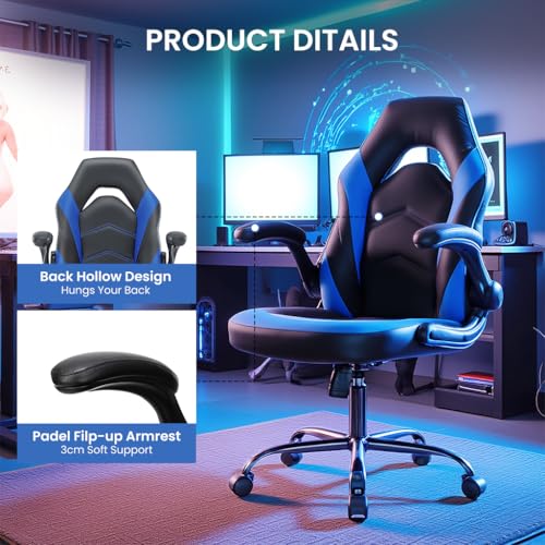 Simple Deluxe Gaming Chair - Ergonomic PU Leather with 90° Flip-Up Arms, 360° Swivel Computer Desk Chair for Compact Spaces, Esports, Home Office(Black Blue)