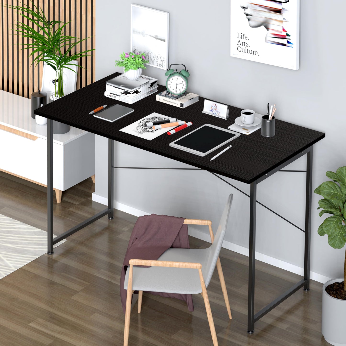 YSSOA Computer Desk Home Office Work Study Writing Modern Simple Table with Headphone Hooks