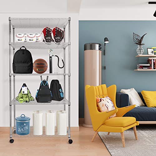 3-Tier Heavy Duty Foldable Metal Rack Storage Shelving Unit with Wheels Moving Easily Organizer Shelves Great for Garage Kitchen Holds up to 750 lbs Capacity, Black