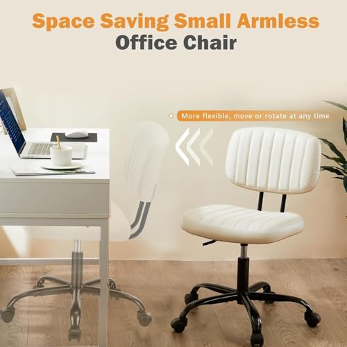 Small Office Chair, Armless Desk Chair with Wheels, Height Adjustable PU Leather Computer Task with Lumbar Support, 360° Swivel Rolling Chair No Arms for Small Space, Bedroom, Home, Office