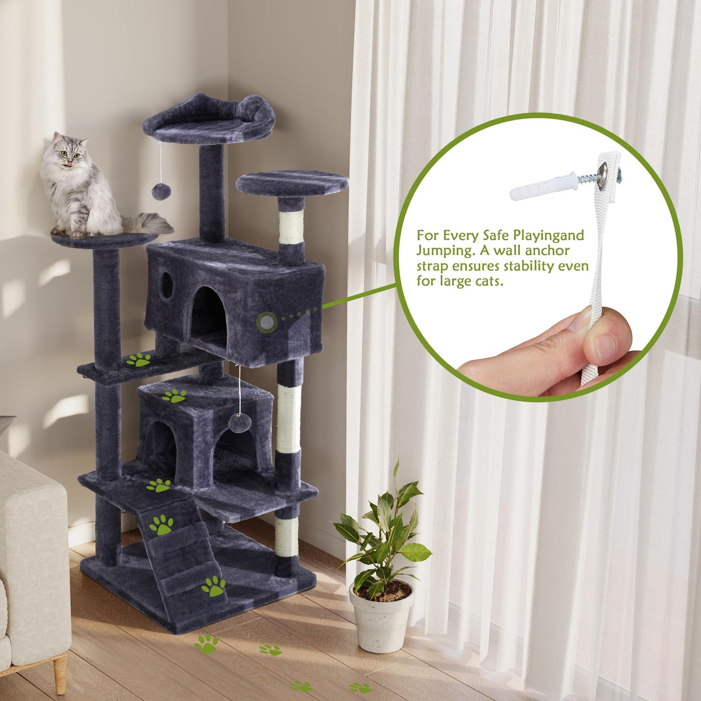 54 Inches Cat Tree Tower Condo Furniture, Cat Tower with Scratching Post, Multi-Level Climbing Tree Cat House Padded Plush Perch, Kittens Pet Play House