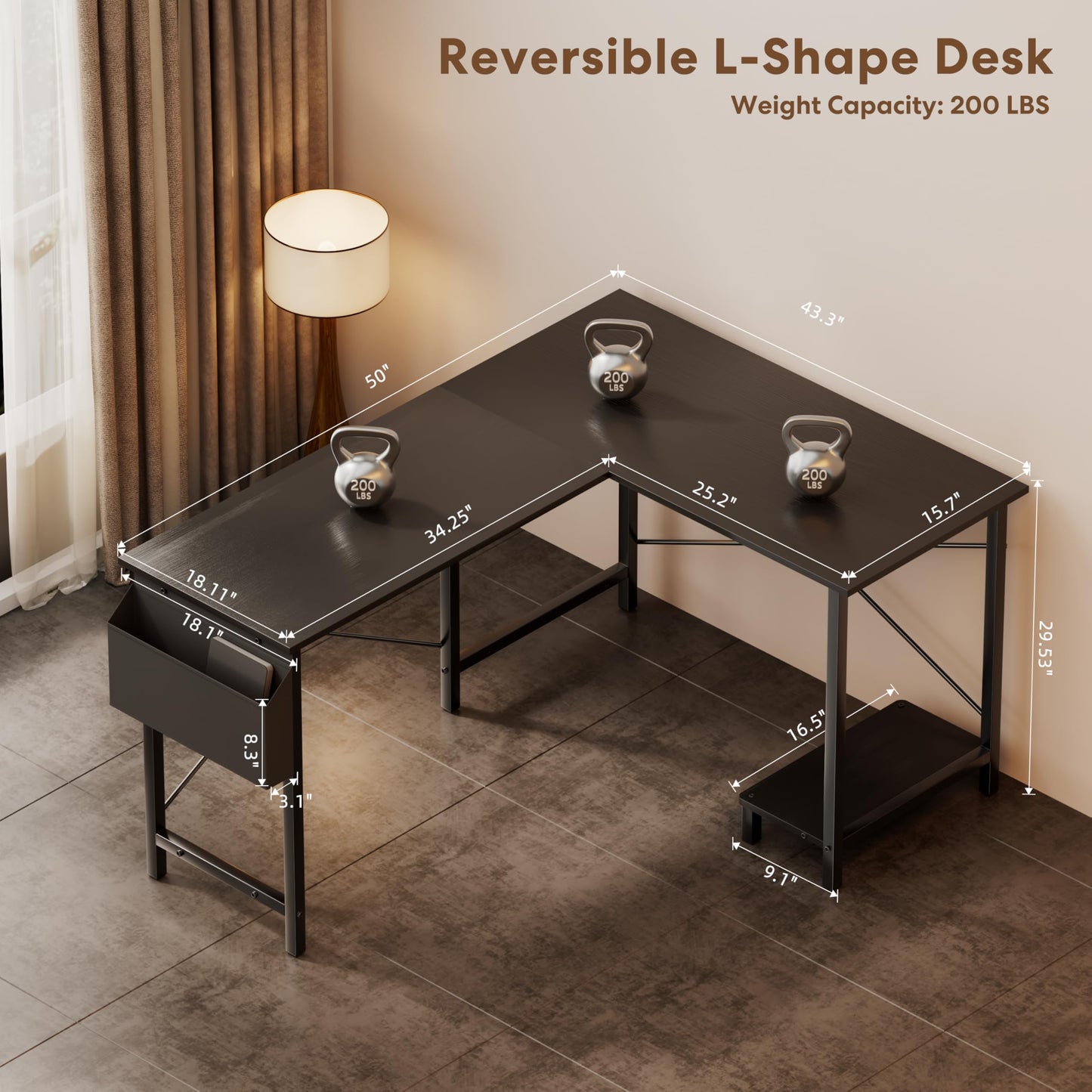 YSSOA 50" L Shaped Gaming Desk with Reversible Corner - Home Office Computer Desk with Wood Top, Metal Frame, CPU Stand & Storage Bag for Small Space, Gaming Room