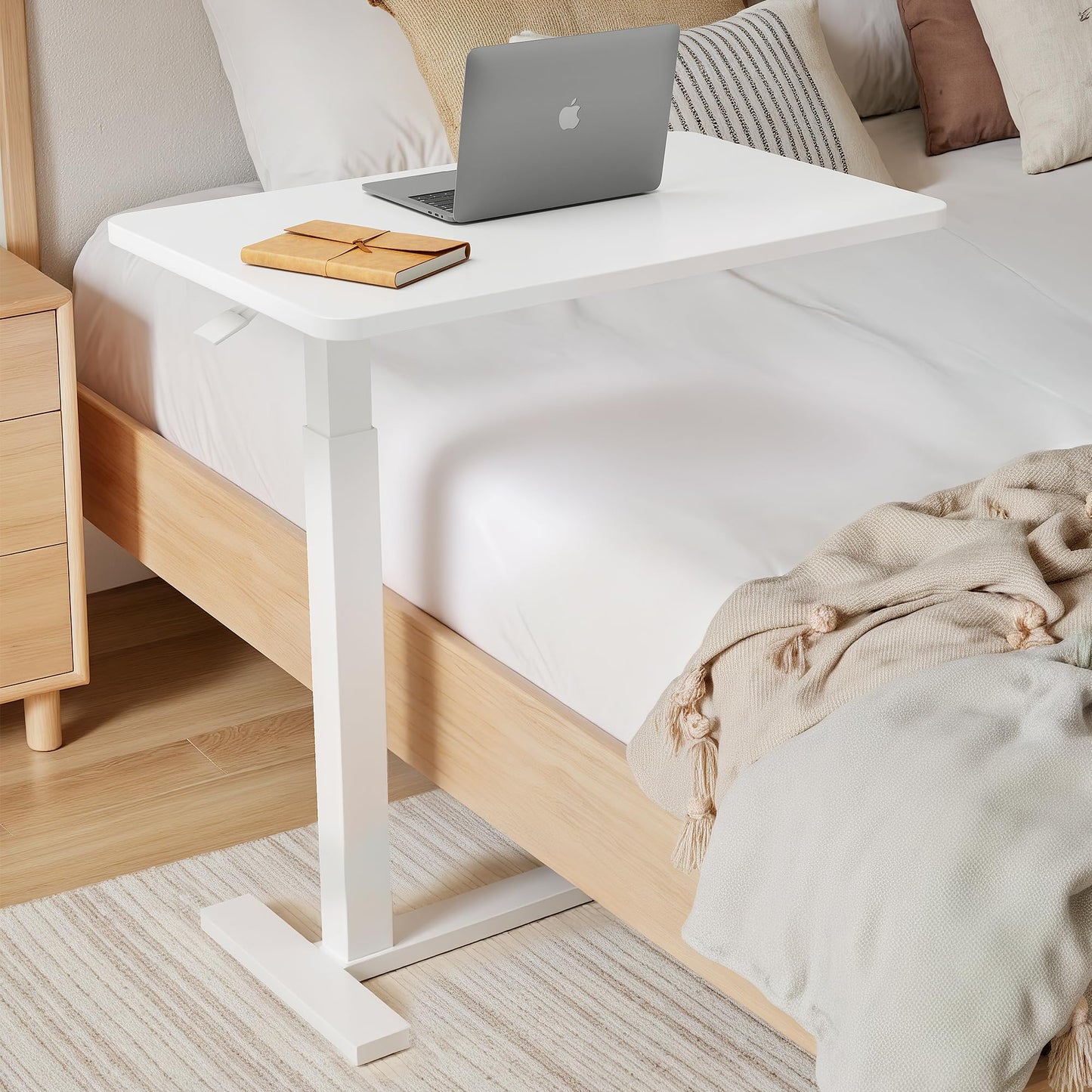 Overbed Bedside Table with Hidden Casters, Adjustable Hospital & Home Use Bed Table, Rolling Laptop Table, Movable Standing Desk