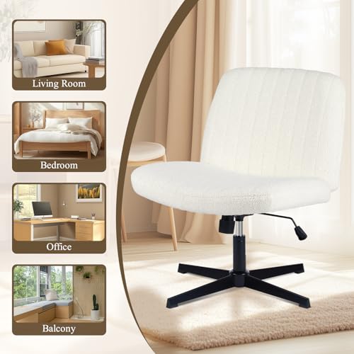 YSSOA Criss Cross Legged Chair with Back Office Desk Chair Fabric No Wheels Comfy Wide Vanity Chair Swivel Armless Height Adjustable Chair Computer Chair for Home