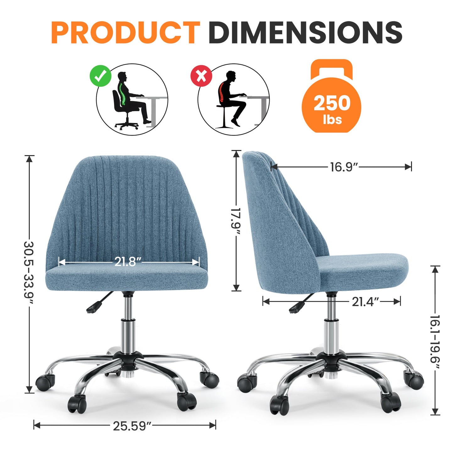 Simple Deluxe Armless Office Desk Chair, Modern Cute Swivel Vanity Chair Comfy Home Office Chairs with Wheels Height Adjustable Rolling Computer Task Stools for Living Room, Make-up, Bedroom