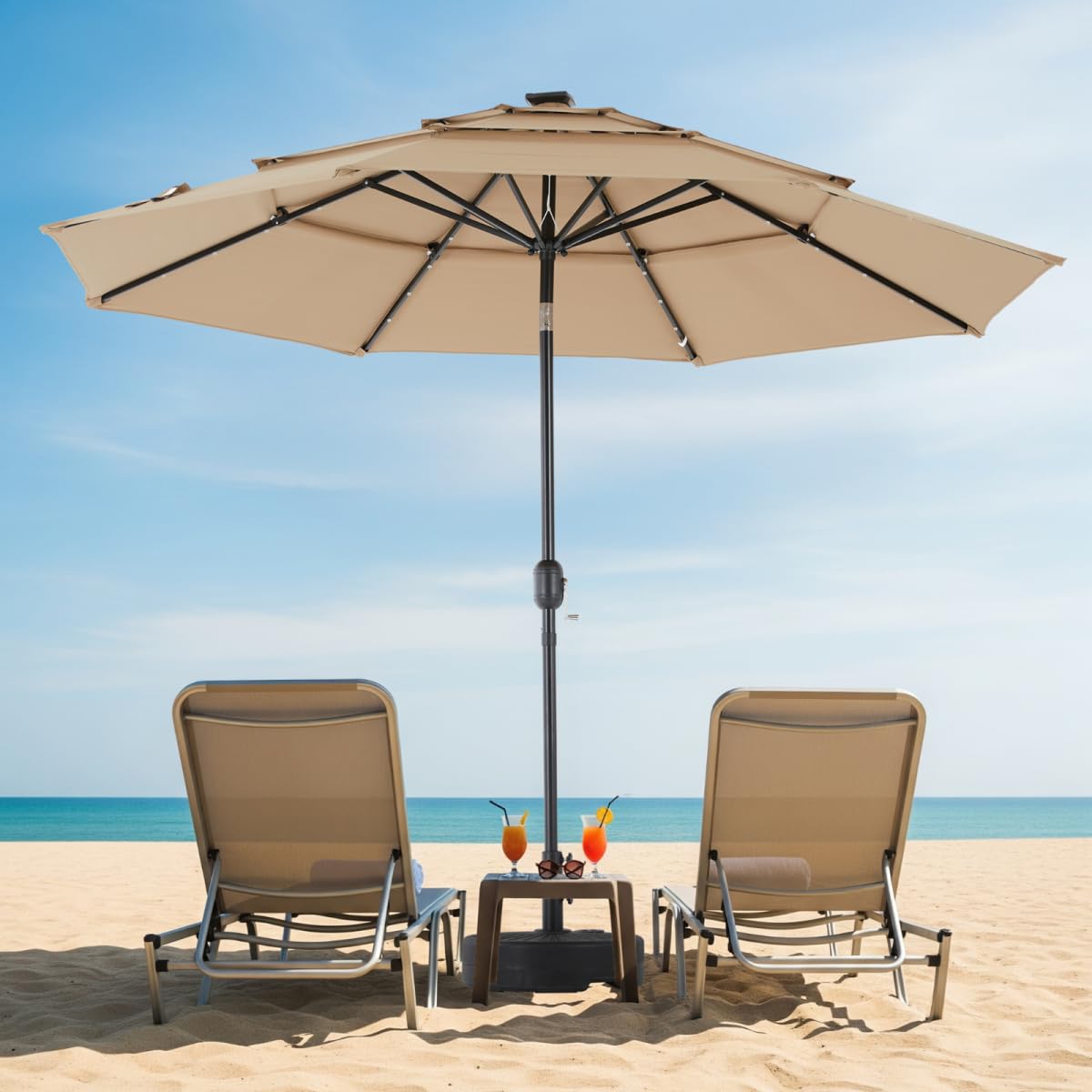 Simple Deluxe 10' 3-Tiers Solar Patio Umbrella 32 LED Lighted Table Market Umbrellas with Push Button Tilt/Crank Outdoor Umbrella for Garden, Deck, Backyard and Pool