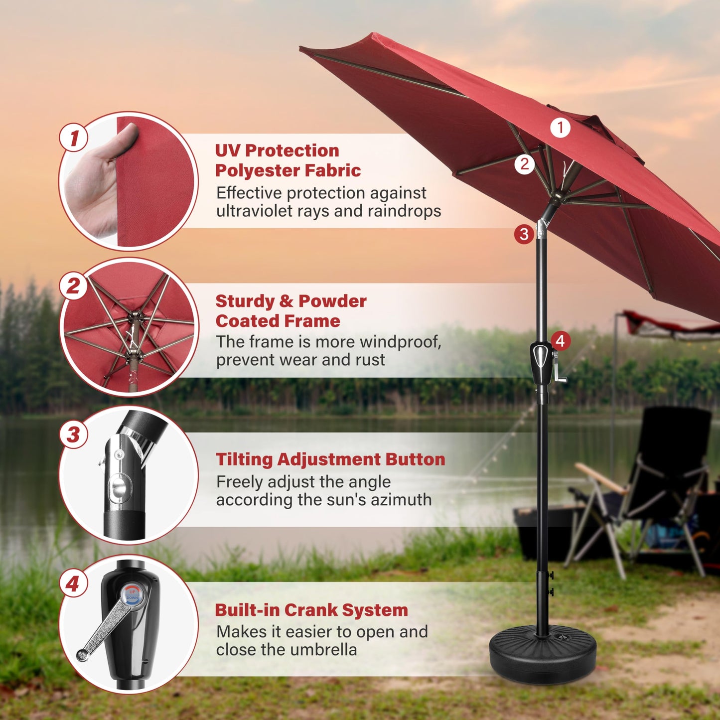 HealSmart 7.5ft Patio Umbrella with Push Button Tilt/Crank, Outdoor Table Market Yard Umbrella, 6 Sturdy Ribs for Garden, Deck, Backyard, Pool