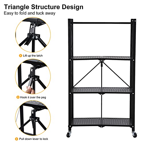 YSSOA 4-Tier Heavy Duty Foldable Metal Rack Storage Shelving Unit with Wheels Moving Easily Organizer Shelves Great for Garage Kitchen, Black