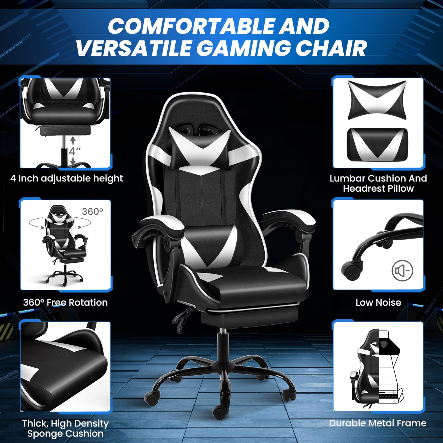 Gaming Chair, Backrest and Seat Height Adjustable Swivel Recliner Racing Office Computer Ergonomic Video Game Chair with Footrest and Lumbar Support