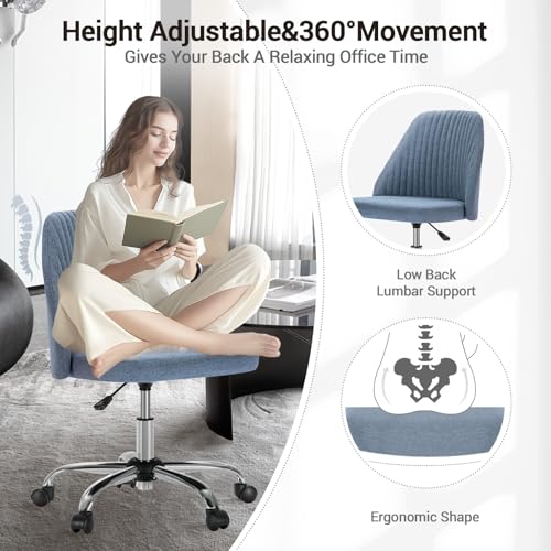YSSOA Office Desk Chair with Back and Wheels Computer Fabric Chair Armless Adjustable Height Comfy Vanity Chair with Swivel Rolling Home Chairs