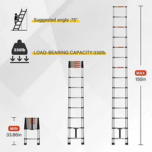 Simple Deluxe Telescoping Ladder 12.5FT Aluminum One-Button Retraction Extension System for Indoor and Outdoor Use, 330lb Load Capacity