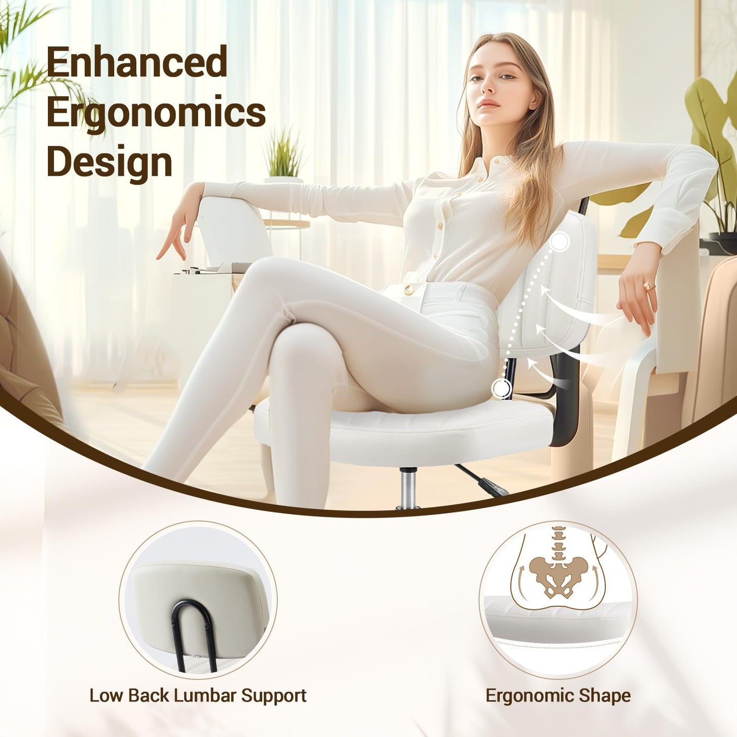 YSSOA Home Office Chair Desk Chair with Low Back and Wheels PU Leather Computer Chair Ergonomic Adjustable Height Comfy Chair Armless with Swivel Rolling Vanity Chairs for Bedroom Adult White