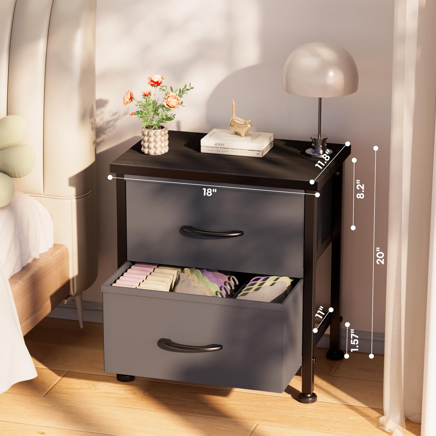 Simple Deluxe Nightstand 2 Drawers Dresser for Bedroom, Night Stand Set 2, 3-Tier Bedside Table with Fabric Bins, End Table for Living Room, Wood top Load-Bearing up to 44 lb